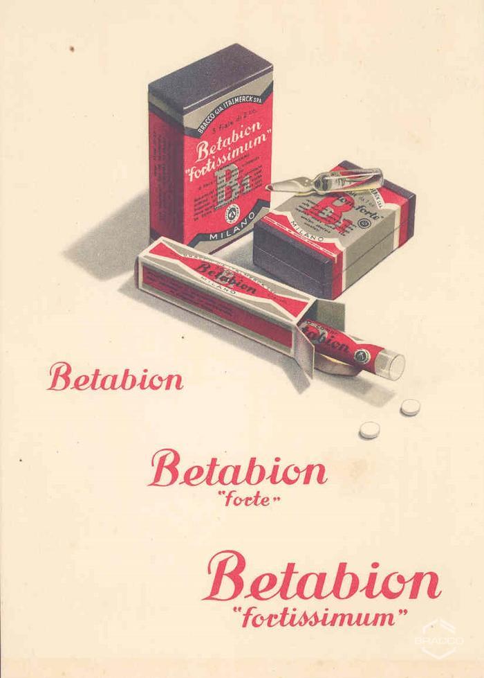 Cartolina pubblicitaria "Betabion, Betabion forte, Betabion fortissimum", 1950